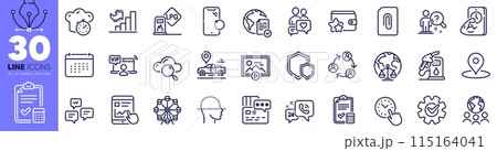 Fitness, Cloud computing and Smartphone recovery line icons pack. Shields, Attachment, Time management web icon. Petrol station, Growth chart, Loyalty program pictogram. Car place. Vector 115164041