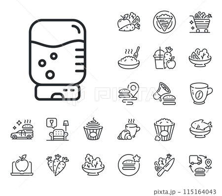 Still aqua drink sign. Crepe, sweet popcorn and salad outline icons. Water cooler bottle line icon. Liquid symbol. Water cooler line sign. Pasta spaghetti, fresh juice icon. Supply chain. Vector 115164043