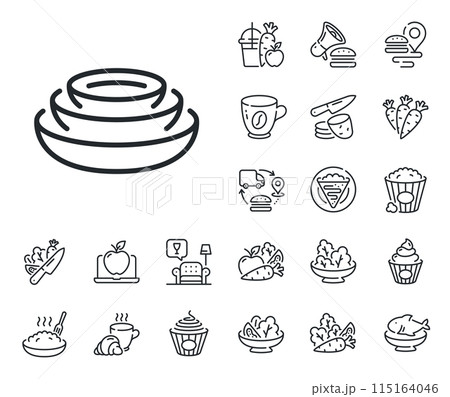 Tableware plates sign. Crepe, sweet popcorn and salad outline icons. Dishes line icon. Food kitchenware symbol. Dishes line sign. Pasta spaghetti, fresh juice icon. Supply chain. Vector 115164046