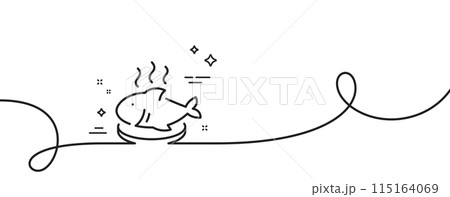 Fish dish line icon. Continuous one line with curl. Seafood plate sign. Healthy food symbol. Fish dish single outline ribbon. Loop curve pattern. Vector Fish dish line icon. Continuous one line with curl. Seafood plate sign. Healthy food symbol. Fish dish single outline ribbon. Loop curve pattern. Vector 115164069