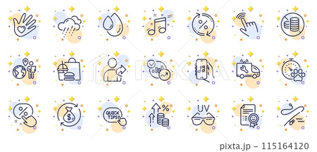Outline set of Discount button, Statistics and Music app line icons for web app. Include Oil drop, Cursor, Fast food pictogram icons. Social responsibility, Outsource work, Smile signs. Vector Outline set of Discount button, Statistics and Music app line icons for web app. Include Oil drop, Cursor, Fast food pictogram icons. Social responsibility, Outsource work, Smile signs. Vector 115164120