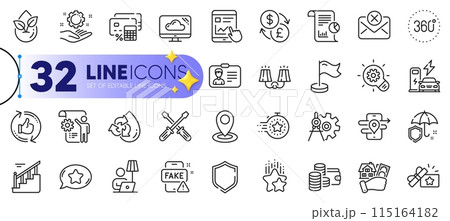 Outline set of Fake news, Reject mail and Identification card line icons for web with Internet report, Stairs, Loyalty gift thin icon. Cloud storage, Floor lamp, Location pictogram icon. Vector 115164182