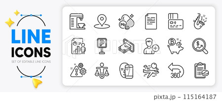 360 degrees, Coffee machine and Business report line icons set for app include Jazz, Document, Medical prescription outline thin icon. Search flight, Card, Cash pictogram icon. Pin. Vector 360 degrees, Coffee machine and Business report line icons set for app include Jazz, Document, Medical prescription outline thin icon. Search flight, Card, Cash pictogram icon. Pin. Vector 115164187