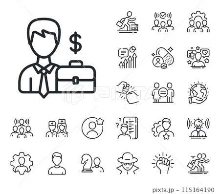 Diplomat with Dollar sign. Specialist, doctor and job competition outline icons. Businessman with Case line icon. Businessman case line sign. Avatar placeholder, spy headshot icon. Vector Diplomat with Dollar sign. Specialist, doctor and job competition outline icons. Businessman with Case line icon. Businessman case line sign. Avatar placeholder, spy headshot icon. Vector 115164190