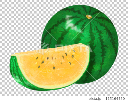 Realistic yellow watermelon with one cut slice Realistic yellow watermelon with one cut slice 115164530