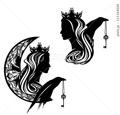 black vector silhouette portrait of fairy tale sorceress queen with crescent moon, pet raven and magic key 115164680