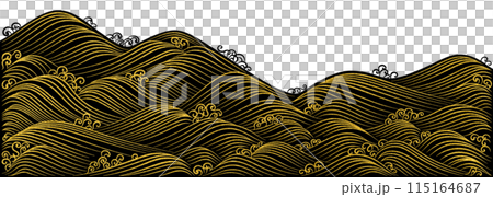 A flowing water pattern with swells of waves drawn in gold leaf, creating a Rinpa-style ocean design A flowing water pattern with swells of waves drawn in gold leaf, creating a Rinpa-style ocean design 115164687