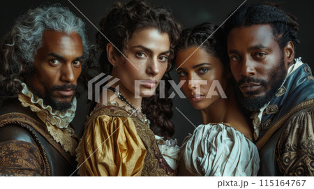 Medieval royal people, men and women dressed in Renaissance clothes against dark background. Family portrait Medieval royal people, men and women dressed in Renaissance clothes against dark background. Family portrait 115164767
