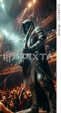 Rock Renaissance. Knight in full medieval armor stands on stage with electric guitar in hand, performing to modern crowd 115164772