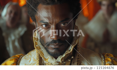 Noble vision. Portrait of man, Duke in gold embroidered costume, focusing on his intense expression. 115164876