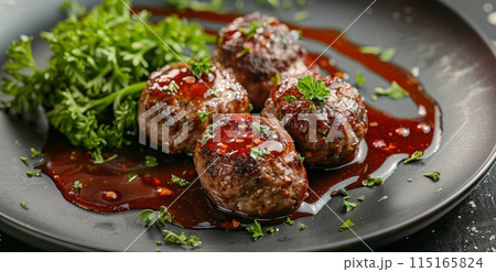 Four Grilled Meatballs With Parsley and Red Sauce on Black Plate 115165824