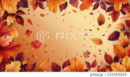 Vibrant Autumn Leaves Falling On A Gold Background 115165825