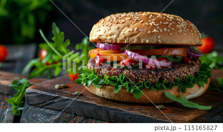 Closeup of a Sesame Seed Bun Burger With Lettuce, Tomato, Onion, and Pickles 115165827