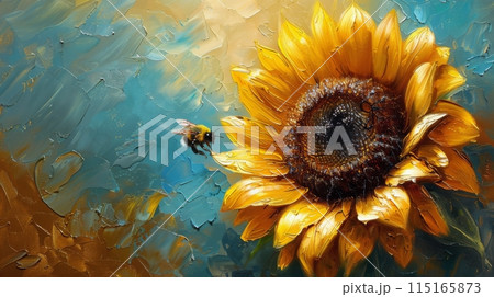 A Bumblebee Collecting Pollen From A Sunflower In Summer 115165873