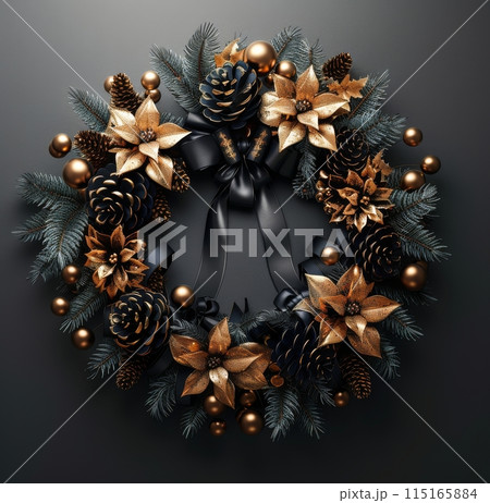 Festive Christmas Decorations With Pine Cones and Baubles on a Dark Blue Background 115165884