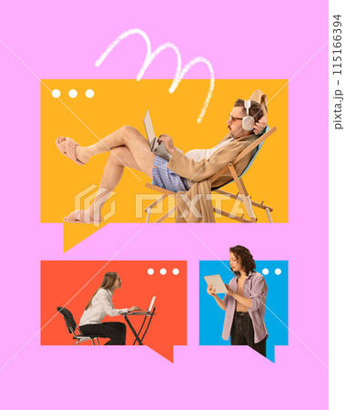 Poster. Contemporary art collage. Workers in colorful speech bubbles working online from different workplaces. Virtual meeting. Poster. Contemporary art collage. Workers in colorful speech bubbles working online from different workplaces. Virtual meeting. 115166394