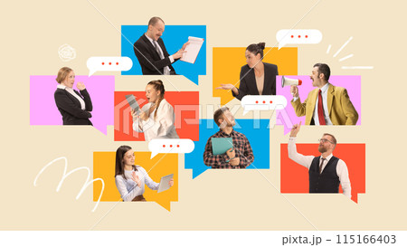 Poster. Contemporary art collage. Workers, each using different devices in colorful speech bubbles, symbolizing dynamic online meeting 115166403