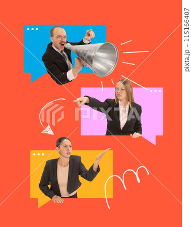 Poster. Contemporary art collage. Three workers engaged in colorful speech bubbles symbolizing virtual meeting. Digital workspace. 115166407