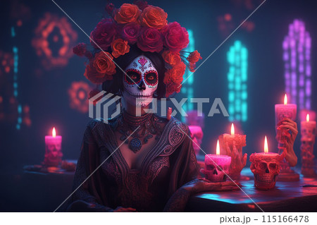 Cyberpunk Calavera in a bright neon cyberpunk futuristic setting. 115166478