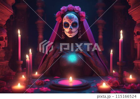 Cyberpunk Calavera in a bright neon cyberpunk futuristic setting. 115166524