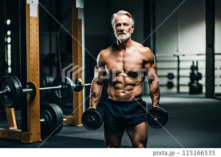 A old man with a beard stands in a gym with a large white beard. A old man with a beard stands in a gym with a large white beard. 115166535