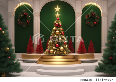 Christmas 3d scene with red and gold podium platform 115166557