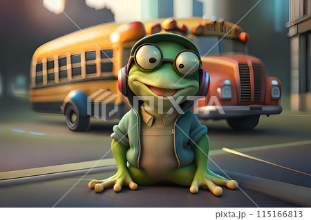 Back to school. Long banner.funny cute little lazy frog with bakpack standing near school bus in headphones and hoodies, disney style 3d 115166813