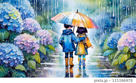 雨の紫陽花の道を傘をさす子供達のイラスト 雨の紫陽花の道を傘をさす子供達のイラスト 115166978