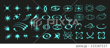 Cyber geometry y2k aesthetic star and planet set, retro abstract rave atom shape graphic, blue neon 90s sparkle element vector, vintage acid figure set, geometric trendy groovy symbol collection Cyber geometry y2k aesthetic star and planet set, retro abstract rave atom shape graphic, blue neon 90s sparkle element vector, vintage acid figure set, geometric trendy groovy symbol collection 115167117