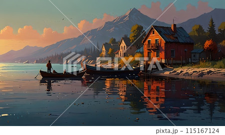 fishing boats moored at sunset fishing boats moored at sunset 115167124