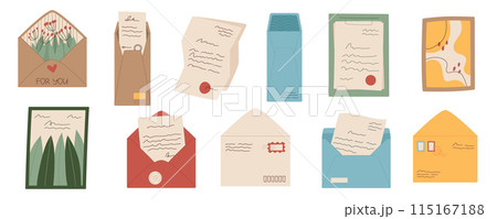 Flat handmade letters and postcards set, cartoon greeting postcard and open handwritten invitation letter with sheet of craft paper, trendy hand written post card design for postcrossing. Flat handmade letters and postcards set, cartoon greeting postcard and open handwritten invitation letter with sheet of craft paper, trendy hand written post card design for postcrossing. 115167188