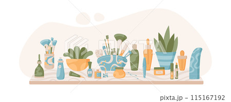 Colorful natural skin care bottle and package composition, flat fashion skincare lotion tube with plants, trendy organic makeup product collection at the shelf, cartoon eco beauty oil jar. Colorful natural skin care bottle and package composition, flat fashion skincare lotion tube with plants, trendy organic makeup product collection at the shelf, cartoon eco beauty oil jar. 115167192