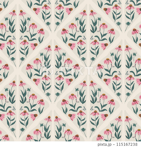 Wildflowers seamless pattern. Floral rhombus endless background. Purple echinacea flower ornament. Vintage Coneflowers repeat continuous cover. Vector flat hand drawn illustration. Wildflowers seamless pattern. Floral rhombus endless background. Purple echinacea flower ornament. Vintage Coneflowers repeat continuous cover. Vector flat hand drawn illustration. 115167238
