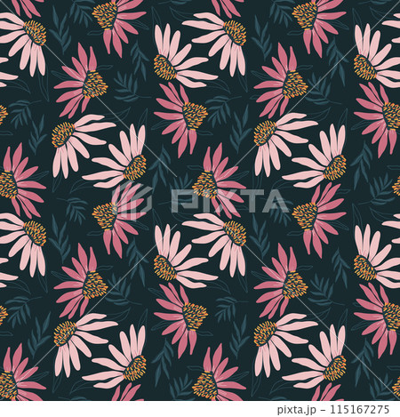 Coneflowers meadow seamless pattern. Purple echinacea dark continuous backdrop. Floral endless background. Night summer field rustic mood. Stylized botanical repeat cover. Vector flat hand drawn 115167275