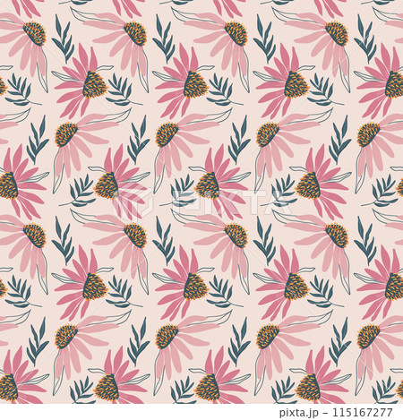 Charming seamless pattern with stylized pink-toned purple coneflowers and lush foliage. Vector flat hand drawn illustration. Charming seamless pattern with stylized pink-toned purple coneflowers and lush foliage. Vector flat hand drawn illustration. 115167277