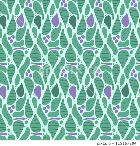 Abstract liquid shapes seamless pattern. Organic elements endless background. Geometric modern repeat cover. Vector green and violet hand drawn illustration. 115167294