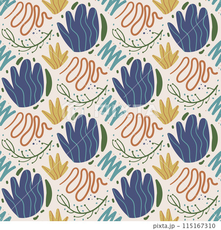 Floral retro abstract seamless pattern. Flowers and lines elements endless background. Simple botanic loop ornament. Vector hand drawn illustration. 115167310