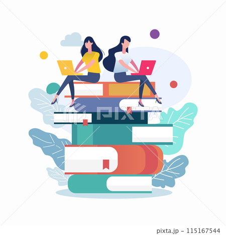 Two women in casual clothes working on laptop computer while sitting on books 115167544