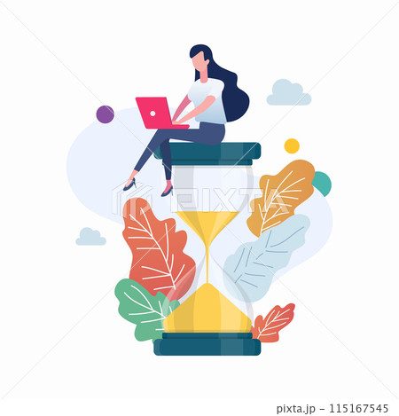 Woman sitting on an hourglass and working on laptop. Deadline and time management concept 115167545