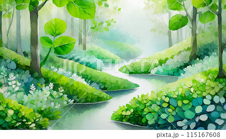 水彩で描いた緑の木々と水辺の風景画のイラスト素材 [115167608] - PIXTA
