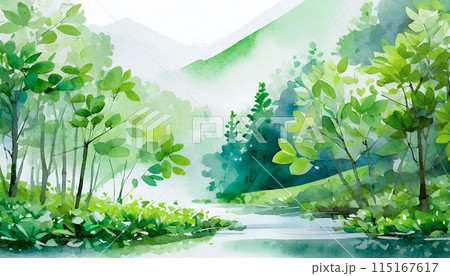 水彩で描いた緑の木々と水辺の風景画のイラスト素材 [115167617] - PIXTA