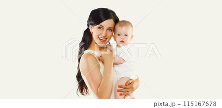 Happy cheerful smiling young mother holding baby on white background 115167678