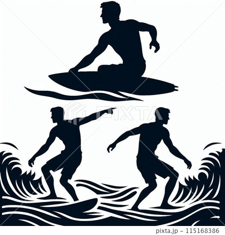海でサーフィンをする男性のシルエット 海でサーフィンをする男性のシルエット 115168386