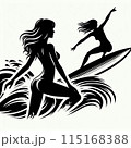 海でサーフィンをする女性のシルエット 115168388