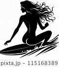 海でサーフィンをする女性のシルエット 115168389