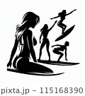 海でサーフィンをする女性のシルエット 115168390