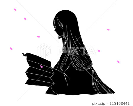 着物を着た昔の日本女性のシルエットイラスト（桜）のイラスト素材