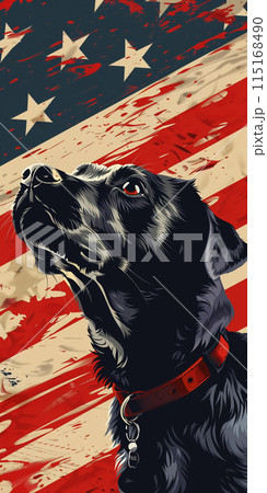 Veterinary and Independence Day. An illustration showcasing a Labrador Retriever with the USA flag in the background. Veterinary clinics closed on Independence Day. Generative AI. 115168490
