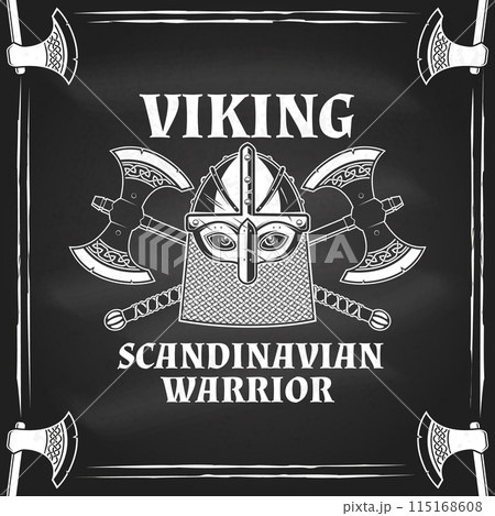Viking warrior logo, badge, sticker on the chalkboard. Vector illustration. For emblems, labels and patch. Monochrome style viking in helmet with crossed Double Axe Viking warrior logo, badge, sticker on the chalkboard. Vector illustration. For emblems, labels and patch. Monochrome style viking in helmet with crossed Double Axe 115168608