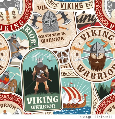Vikings warrior seamless pattern or background. Vector illustration. Fabric, texture, wallpaper with viking in helmet, crossed battle axe, sword and nordic ship Vikings warrior seamless pattern or background. Vector illustration. Fabric, texture, wallpaper with viking in helmet, crossed battle axe, sword and nordic ship 115168611